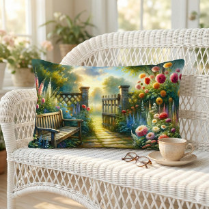Sunlit Garden Pathway Gate Scene Lumbar Pillow