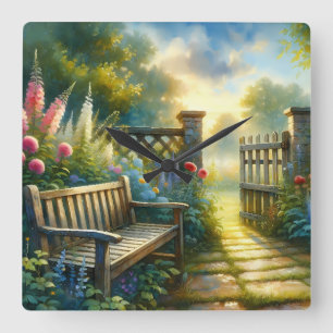 Sunlit Garden Pathway Gate Scene Square Wall Clock