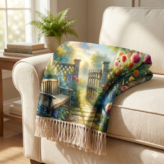 Sunlit Garden Pathway Gate Scene Throw Blanket (Sunlit Garden Pathway Gate Scene Throw Blanket)