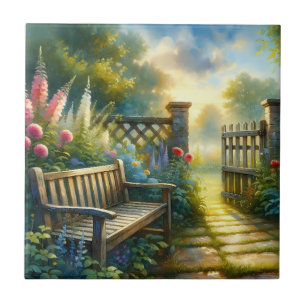 Sunlit Garden Pathway Gate Scene Tile