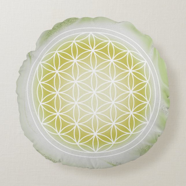 Sunlit Harmony Flower of Life Round Pillow (Front)