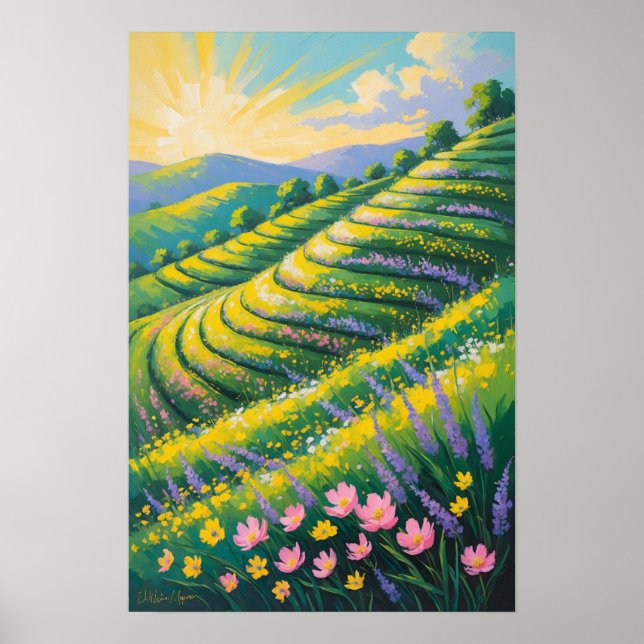 Sunlit Lavender Fields with Rolling Hills Poster (Front)