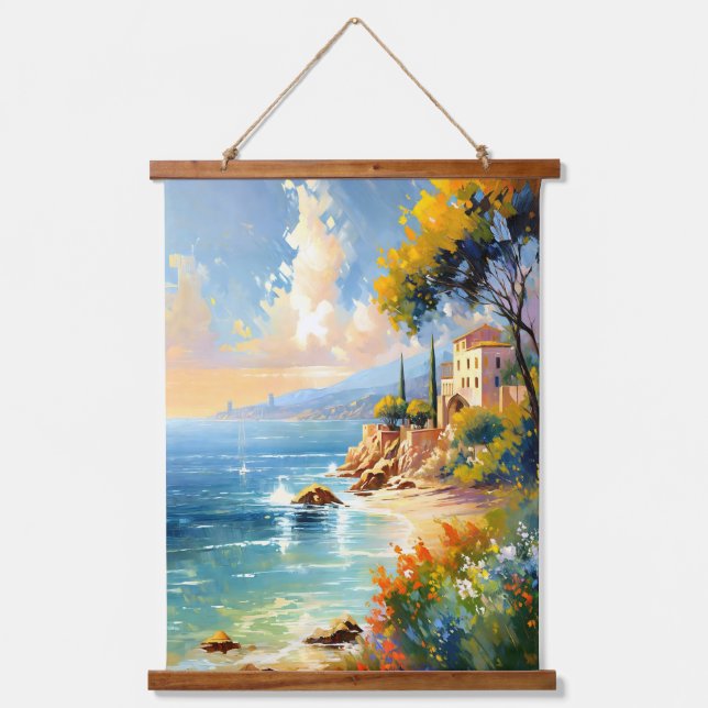 Sunlit Mediterranean Coast Impressionist Art Hanging Tapestry (Front)