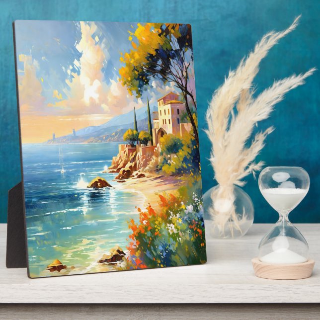 Sunlit Mediterranean Coast Impressionist Art Plaque (Side)