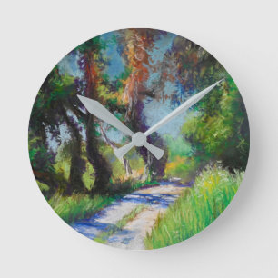 Sunlit Olive Grove Pastel Landscape Round Clock