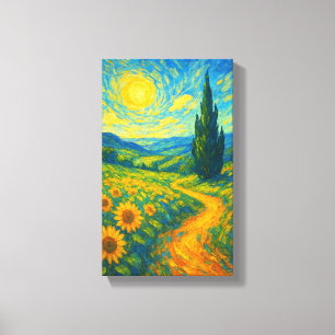 Sunlit Path Through Vibrant Sunflower Fields Canvas Print