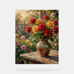 Sunlit Rustic Roses: Impressionist Oil Painting Acrylic Sign