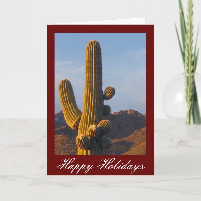 Sunlit Saguaro Cactus Customizable Holiday Card (Front)