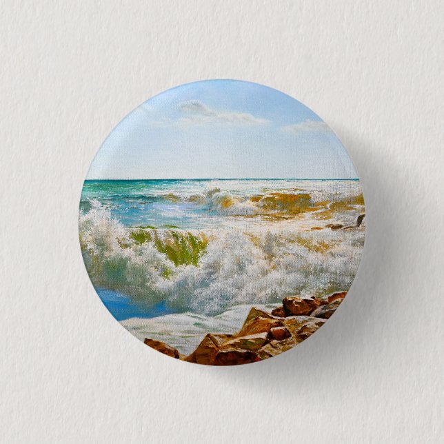 Sunlit Sea with Crashing Waves 1 Inch Round Button (Front)