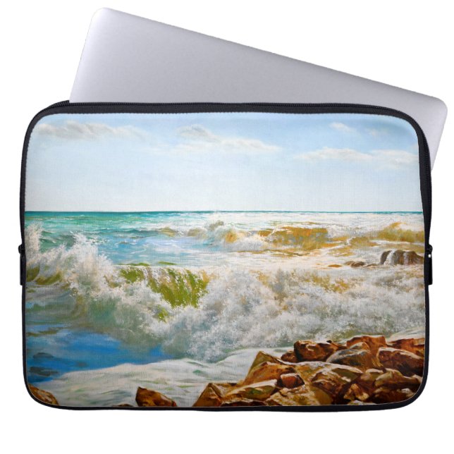 Sunlit Sea with Crashing Waves Laptop Sleeve (Front)