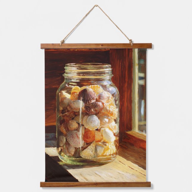 Sunlit Seashell Jar Rustic Coastal Art Hanging Tapestry (Front)