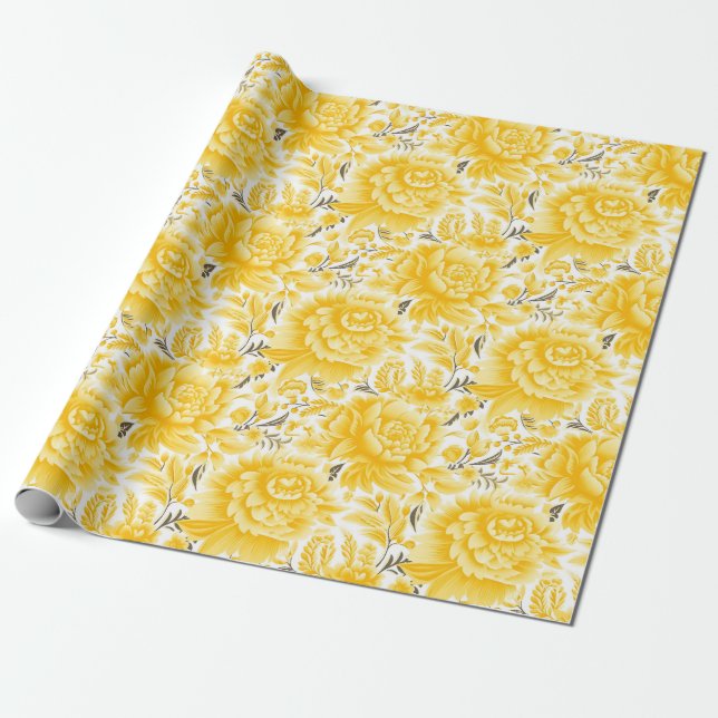 Sunlit Serenity: A Yellow and White Wedding Wrapping Paper (Unrolled)