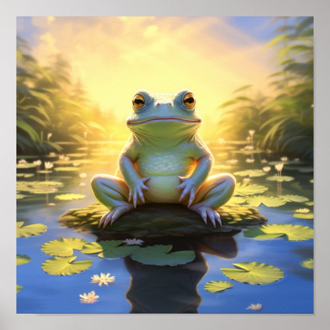 Sunlit Serenity: Majestic Frog Relaxing on Lillypa Poster (Front)