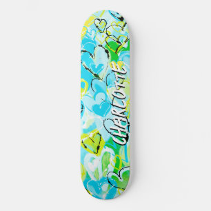 Sunlit Serenity: Sky Blue & Yellow Graffiti Hearts Skateboard