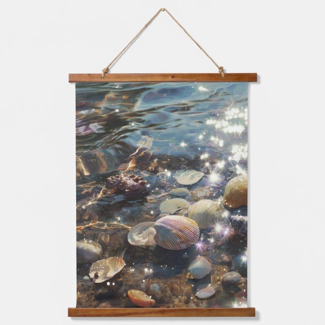 Sunlit Shells Beneath Rippling Water Art Hanging Tapestry (Front)