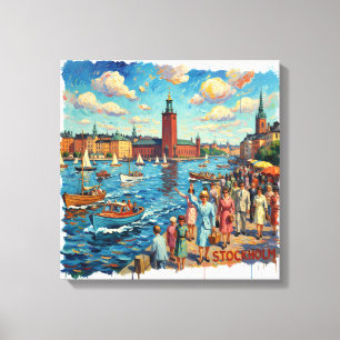 Sunlit Stockholm Harborfront Canvas Art