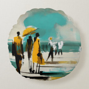 Sunlit Stroll – Abstract Figures In Open Light Round Pillow