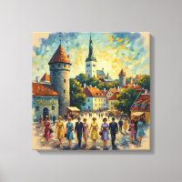Sunlit Tallinn Old Town Square Canvas Art