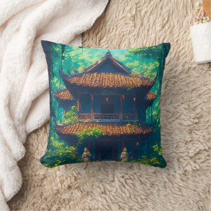 Sunlit Thai House in Lush Jungle Throw Pillow