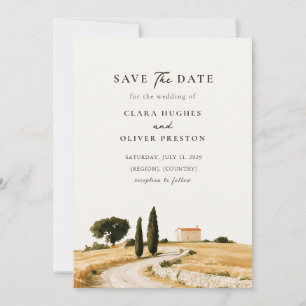 Sunlit Tuscany Cypress Hillside Farmhouse Wedding  Save The Date