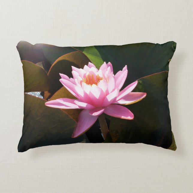 Sunlit Waterlily Pink Floral Water Garden Accent Pillow (Front)