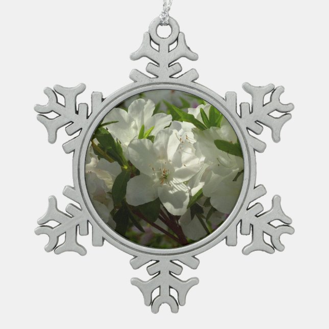 Sunlit White Azaleas Beautiful Spring Flowers Snowflake Pewter Christmas Ornament (Front)