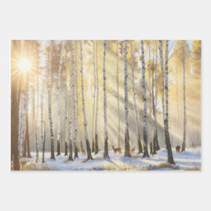 Sunlit Winter Birch Forest with Deer Wrapping Paper Sheet