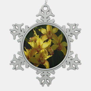Sunlit Yellow Orchids Floral Snowflake Pewter Christmas Ornament