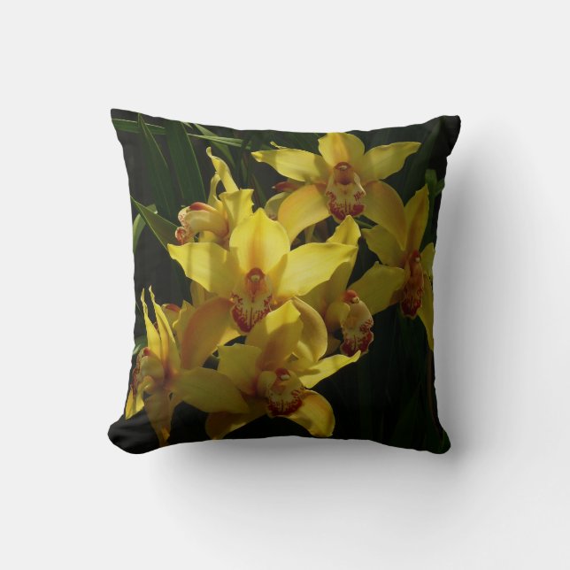 Sunlit Yellow Orchids Floral Throw Pillow (Front)