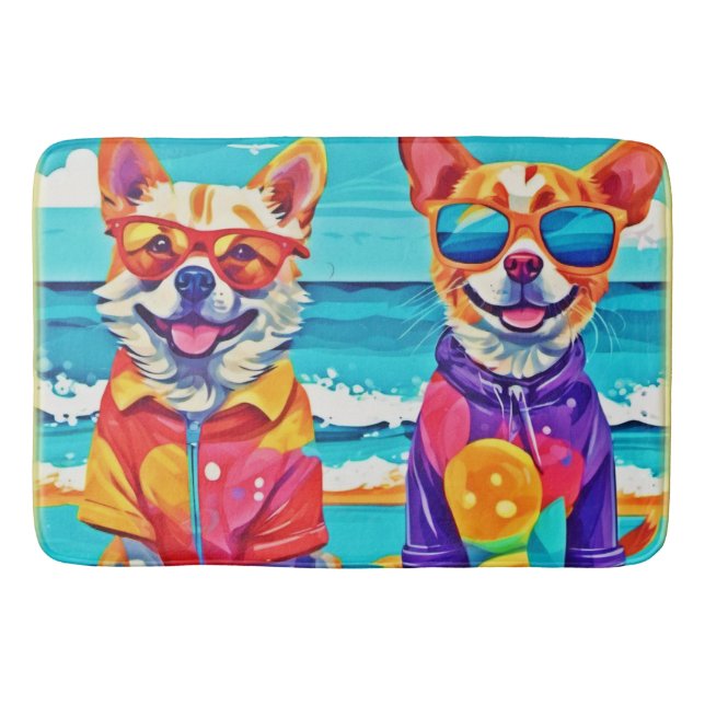 Sunny Beach Dogs: Colourful Painting Bath Mat (Front)
