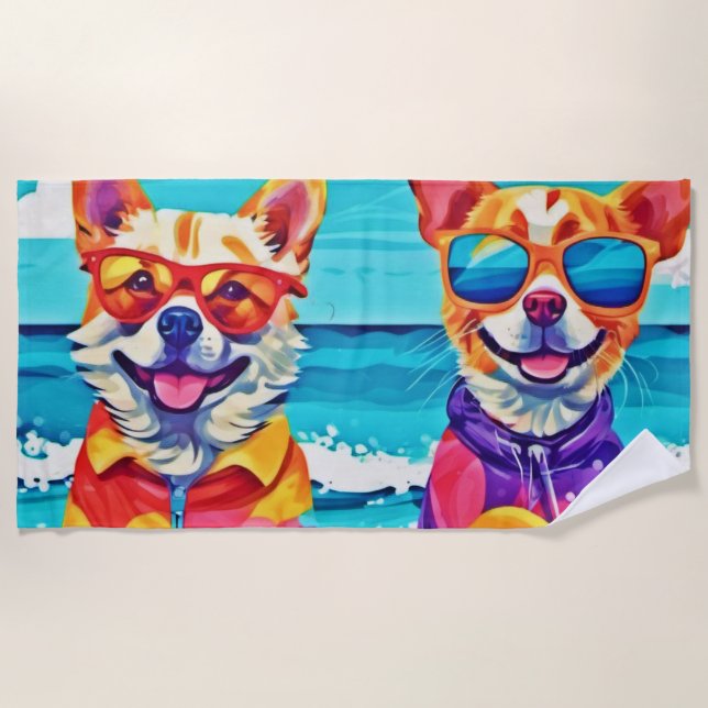 Sunny Beach Dogs: Colourful Painting Beach Towel (Front)