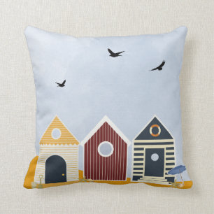 Sunny Beach Huts Summer Pillows