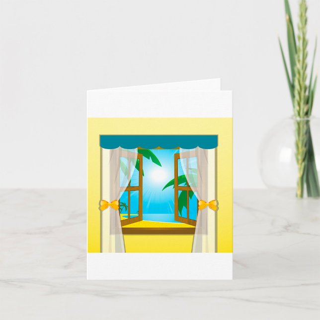Sunny Beach View Through Open Window Card (Creator Uploaded)