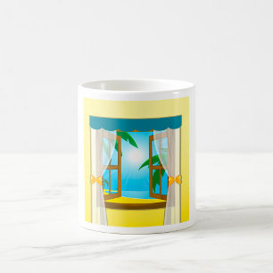 Sunny Beach View Through Open Window Coffee Mug
