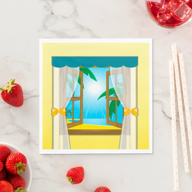 Sunny Beach View Through Open Window Napkin (Creator Uploaded)