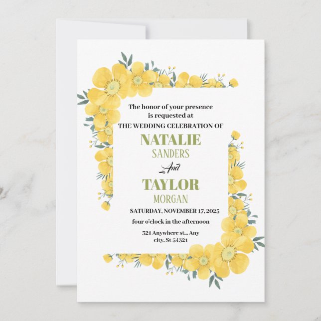 Sunny Blossoms , A Vibrant Yellow Floral Wedding Invitation (Front)