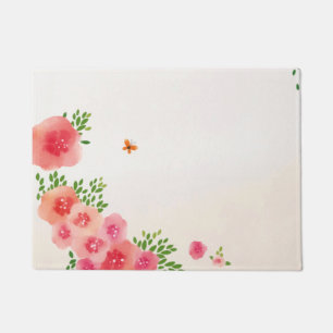Sunny Blush Pink Flowers Butterfly Watercolor Doormat