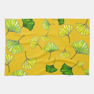 Sunny Botanical Gingko Leaves on Bright Yellow Kitchen Towel