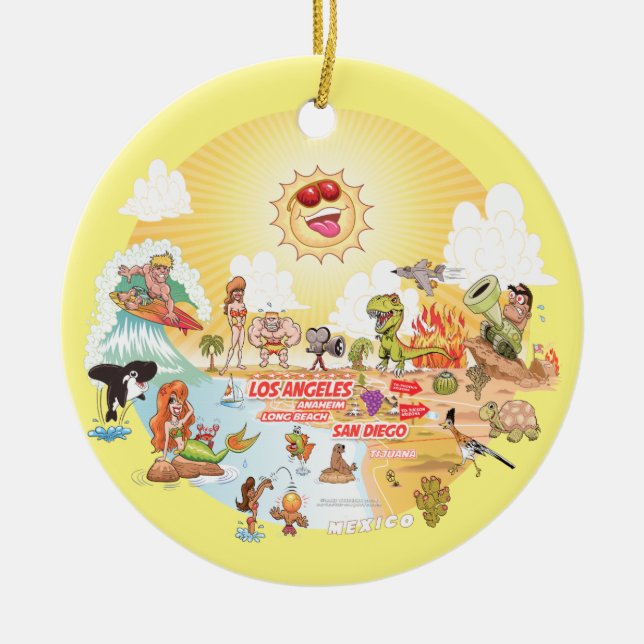 Sunny California Round Ceramic Ornament (Front)
