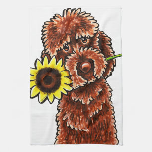 Sunny Chocolate Labradoodle Off-Leash Art™ Kitchen Towel