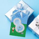 Sunny Christmas Santa Claus Cute Custom Pool Party Gift Tags<br><div class="desc">This fun Christmas in July gift tag makes a perfect summer party accessory for a pool gathering. Make it a fun north pole themed extravaganza with Santa Claus in his swimming trunks next to a cool swimming pool and diving board. Jolly Saint Nick is drawn in a red bathing suit...</div>