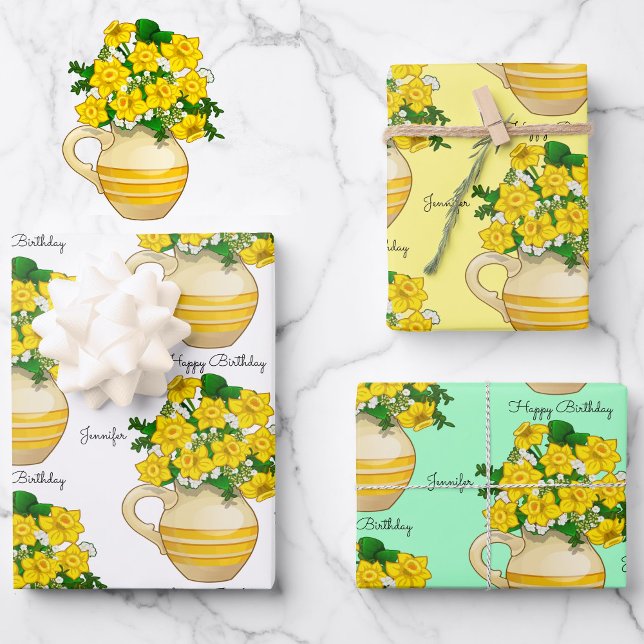 Sunny Daffodils Happy Birthday Add Name 3 Wrapping Paper Sheet (Creator Uploaded)