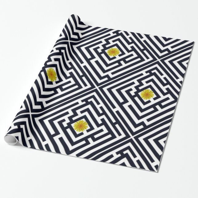 Sunny Dandelion in Black Labyrinth on Custom Wrapping Paper (Unrolled)