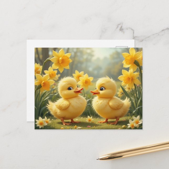 Sunny Duckling Duo Among Daffodils  Postcard (Front/Back In Situ)