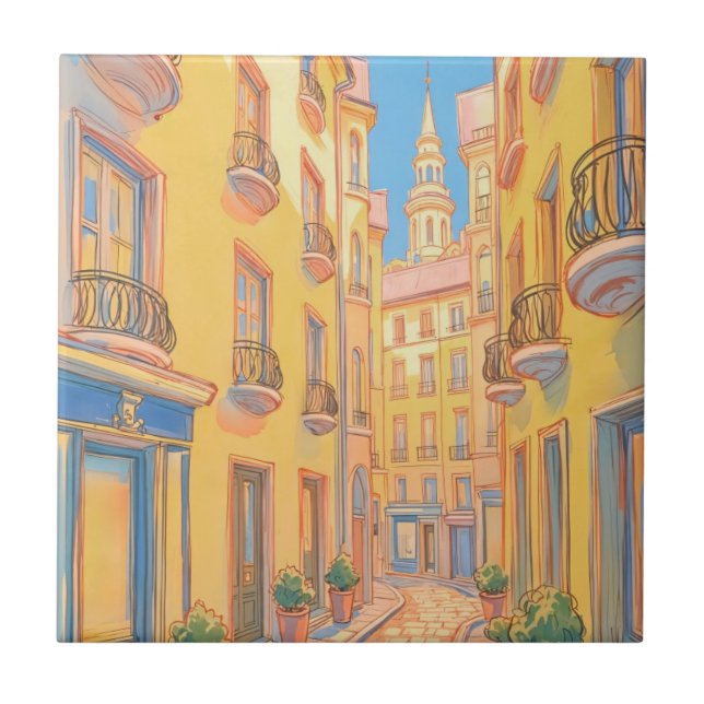 Sunny European Street Ceramic Tile – Cozy Travel (Front)