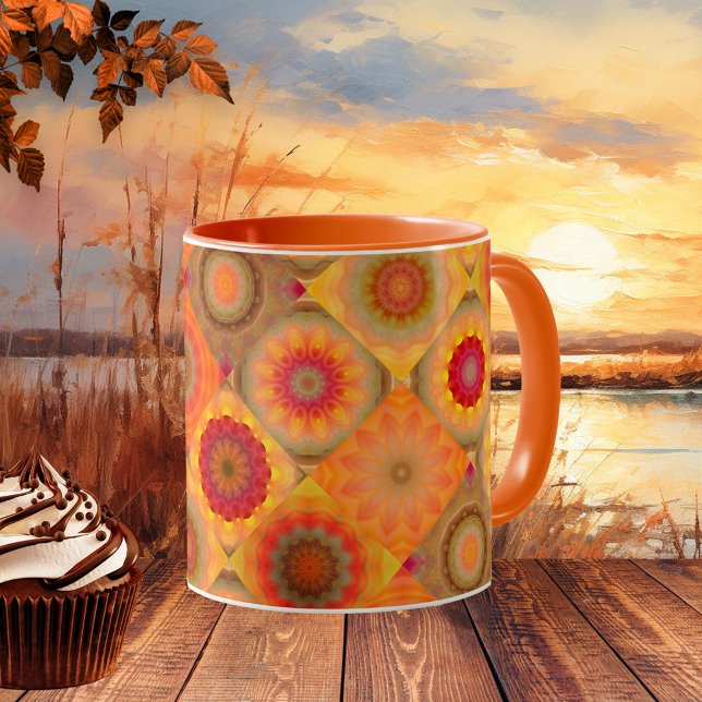 Sunny Floral Patterned Design Mug (Mug with an abstract floral art pattern in quilt or patchwork style in warm sunny colors.)