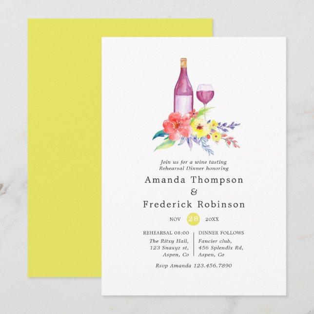 Sunny Floral Rehearsal Dinner Wine Tasting Invitation (Front/Back)