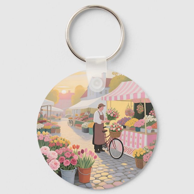 Sunny Flower Street Scene Keychain (Front)