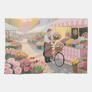 Sunny Flower Street Scene Kitchen Towel