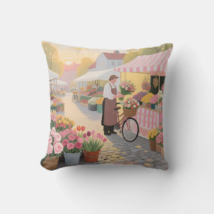 Sunny Flower Street Scene Throw Pillow